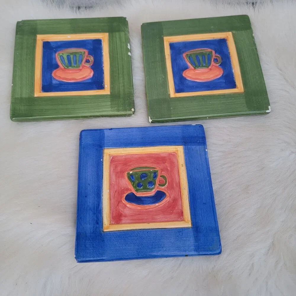 Set Of 3 Pier 1 ceramic tile trivet coffee/tea cup print See Discription